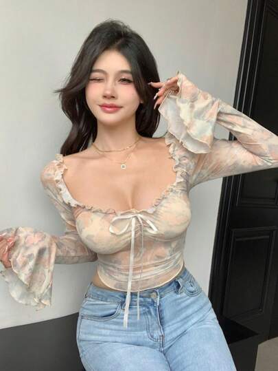 DAZY 女式全身碎花透明露肩长袖衬衫，情人节节日，露肩上衣，秋季女装