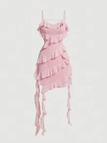 SHEIN MOD 粉色多層不對稱下擺腰間束緊細肩帶短款雪紡女裙，飄動絲帶，夏季派對，飄逸感 - 粉色 - 查看 1