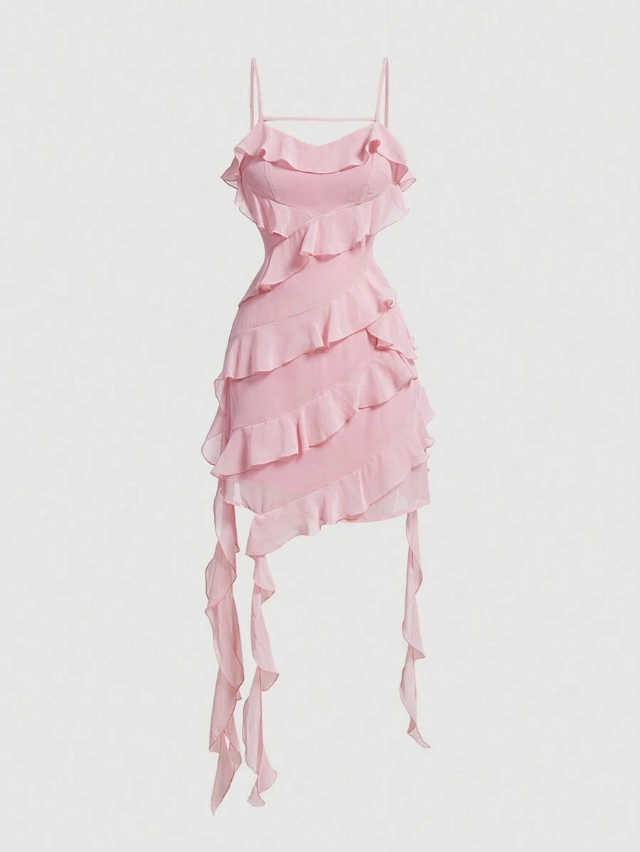 SHEIN MOD 粉色多層不對稱下擺腰間束緊細肩帶短款雪紡女裙，飄動絲帶，夏季派對，飄逸感 - 粉色 - 查看 1