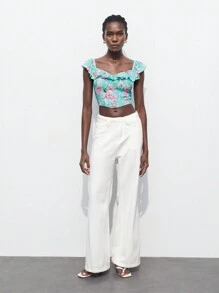 Maija Floral Print Ruffle Hem Slim Fit Women's Top - Green - View 7