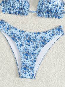 SHEIN Swim Women's Summer Beach Floral Ruffle Sexy Bikini Set, Random Print
