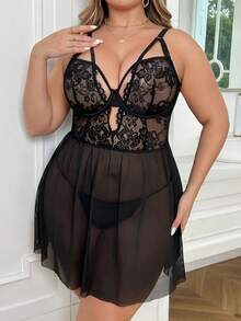 Plus Size Lace Contrast Mesh Underwire Sexy Lingerie Dress With G-String 2-Piece Set - Black - View 6