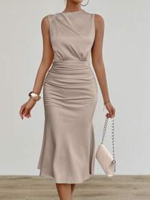 RosyDaze Vestido elegante de verano para mujer de unicolor con cintura fruncida, falda de cola de pez sin mangas, vestido maxi de satén para mujer