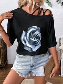 Breezaya Asymmetrisches Rundhals-Kurzarm-T-Shirt für Damen mit lockerer Passform und Rosen-Muster, Sommer