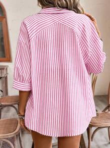 Poéselle Áo sơ mi sọc tay ngắn màu trơn thời trang tuyệt vời, mùa nghỉ hè, quần áo mùa hè, thoải mái, phong cách Boho, trang phục đi biển cho phụ nữ, đồ bơi che thân, mẹ, thời trang, giáo viên thanh lịch - Màu Hồng Tươi - Xem 4