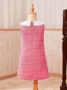 SHEIN Girls Elegant Ruffle Trim Collared Sleeveless Tweed Dress, Refined Lady Style, Summer Back To School Season - Pink - View 8