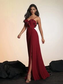 Solid Color Thigh-High Split Spaghetti Strap Maxi Women's Formal Evening Dress Formal Ball Gown - Red - View 4