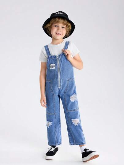 YOUNG BOY Casual Street Style Medium Blue Distressed Denim Overalls With Zipper Closure And Patch Decoration For Adjustment
