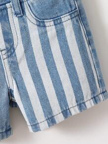 SHEIN 寶寶男童休閒條紋印花直筒藍色牛仔短褲，適用於春夏季 - 淺色水洗藍 - 查看 4