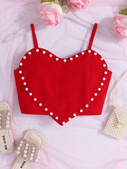 SHEIN เสื้อครอปเด็กหญิงแนว Tween ประดับด้วยรูปหัวใจและก๊อปปี้มุก