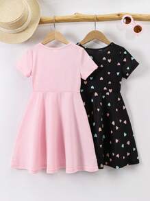 SHEIN Bộ 2 váy ngắn tay hình trái tim cầu vồng giản dị dành cho cô gái trẻ, mùa hè - Nhiều màu - Xem 2