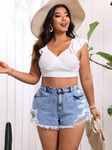 Breezaya Plus Size Summer Casual Distressed Frayed Hem Denim Shorts - Dark Wash - View 5