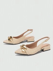 Giày Cao Cấp Đa Năng Thời Trang Nữ, Dép Sandal Sang Trọng Quý Phái Mũi Nhọn Hở Lưng, Giày Cao Gót Chunky Mùa Hè - Màu Khaki - Xem 5