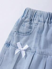 Falda de mezclilla plisada y con lazo lindo para niña joven para uso diario - Azul - Ver 5