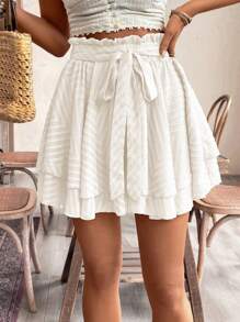 SHEIN Frenchy Quần short ren chữ A thời trang và ngọt ngào cho nữ Quần short bướm Quần short xếp nếp Quần mùa hè Quần mùa hè Quần short bồng bềnh Quần short thắt nơ ở eo - Màu be - Xem 5