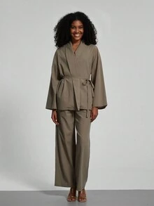 Women Casual Solid Color Matching Kimono Style Belt Cardigan And Pants Set - Khaki - View 2