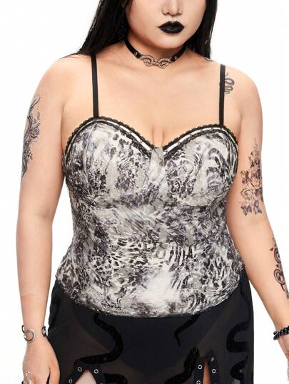 Goth Snake-Print Lace Camisole With Color Block Silk Ribbon & Ruffle Trim, Plus Size