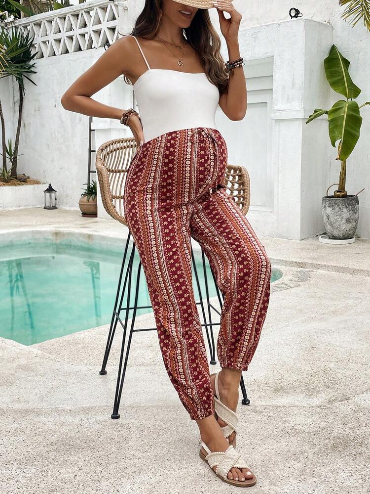 SHEIN 孕妇度假休闲花卉印花慢跑裤 - 紅木色 - 查看 3