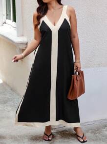SHEIN Clasi Plus Size Women's Fashion Color-Block Sleeveless Dress - Black and White - View 1