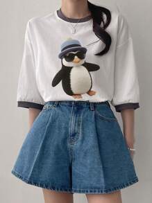 DAZY Camiseta casual de mujer de manga de hombro caído con estampado de dibujos animados de verano y parche con eslogan "Tengo un potencial ilimitado"