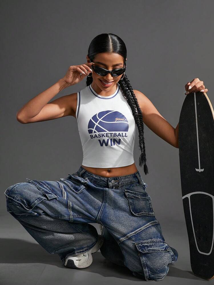 Women's Summer Casual Slim-Fit Basketball Letter Printed Cropped Sports Tank Top