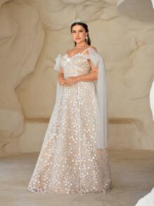 SHEIN Belle Plus Size Elegant Wedding Dress With Embroidery, Beading, Bowknot And Sequins Embellishment - White - View 3