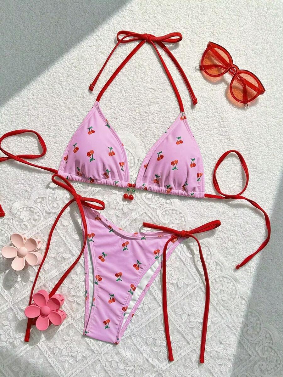 Bellisia Women's Summer Beach Cherry Printed Halter Neck Tie Sexy Bikini Set