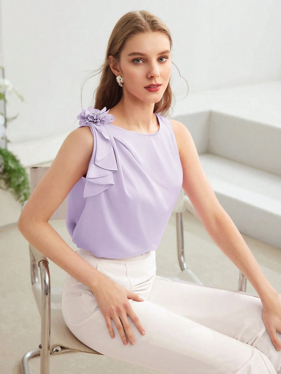 MOTF PREMIUM Blusa sin mangas de diseño sólido con detalle de flores estéreo - Morado Violeta - Ver 1