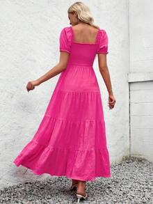 Chiquease Vestido elegante de manga larga con volantes, cuello cuadrado y unicolor para las vacaciones de verano de las mujeres - Rosa Fucsia - Ver 2
