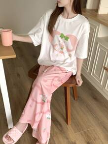 DAZY Cute Rabbit Printed Loose White Top & Pants Sleepwear Pajama Set - White - View 4