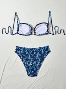 SHEIN Swim 女性小花卉Halter中空性感比基尼套裝，適用於夏季沙灘 - 藏蓝色 - 查看 2