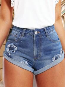 SHEIN LUNE Women's Pocketed Casual Frayed Hem Ripped Denim Shorts - Blue - View 6