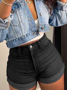 女士性感简约百搭修身牛仔短裤，休闲黑色 - 黑色 - 查看 2