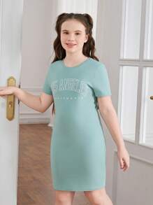 SHEIN Tween Girl Extended Size Casual Crewneck Pullover Short Sleeve T-Shirt Dress With Cinched Waist And Letter Print - Green - View 1