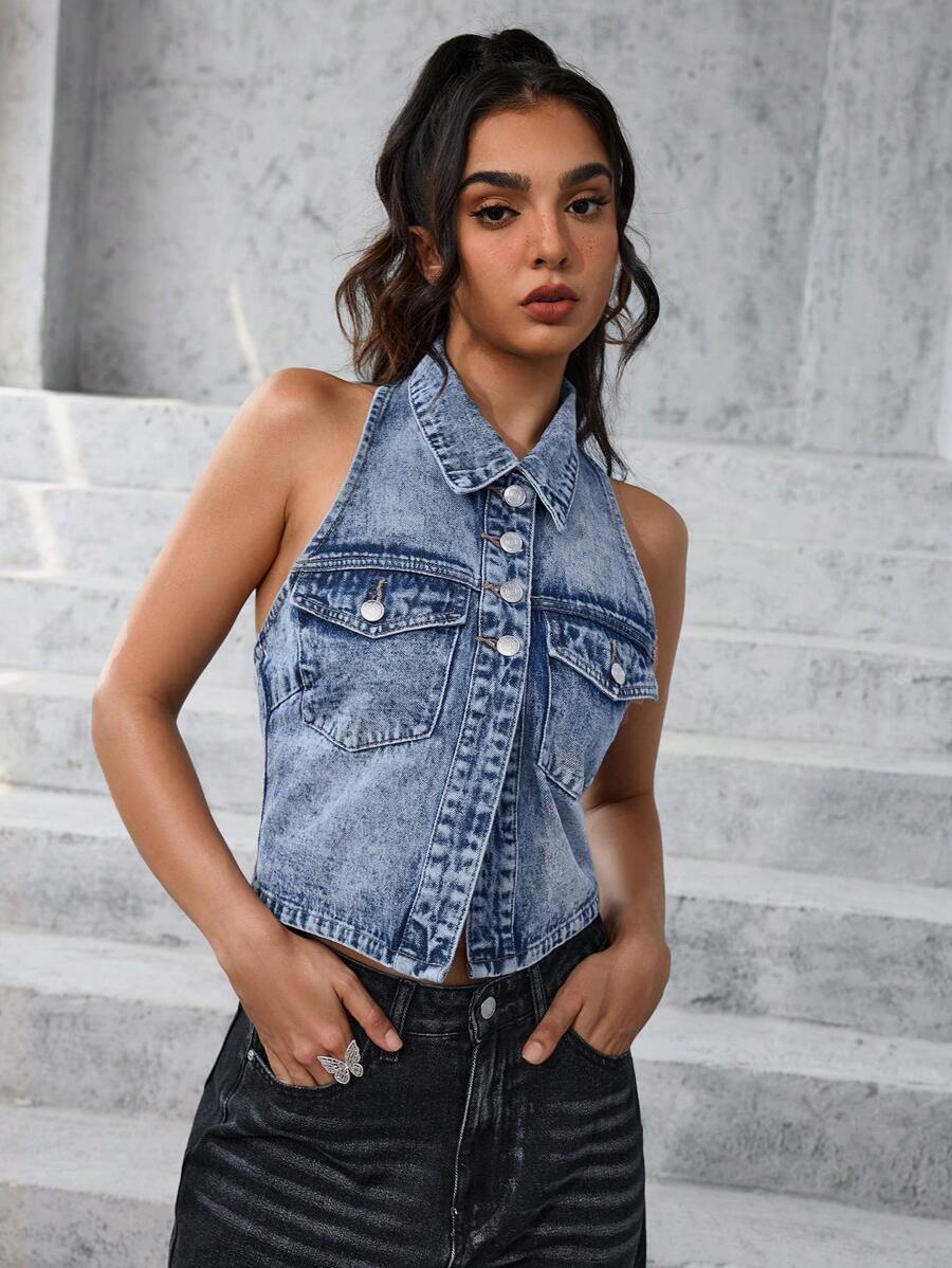 SHEIN EZwear Women's Simple Solid Color Denim Vest Top For Daily Wear - Medium Wash - View 1