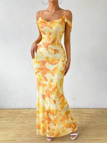 Chiquease Mesh Double Layers Bodycon Long Dress Maxi Women Outfit - Yellow - View 3