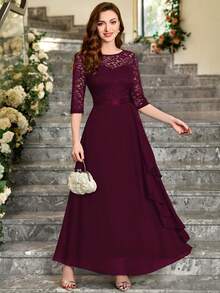 MIUSOL 蕾絲肩部荷葉邊雪紡連衣裙 - 酒紅色 - 查看 4