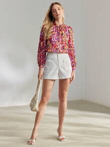 MOTF PREMIUM ALLOVER PRINT FRILL TIE NECK LANTERN SLEEVE BLOUSE