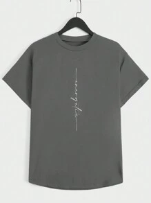 SHEIN Cottnline 男士夏季字母印花圆领短袖休闲T恤 - 灰色 - 查看 3