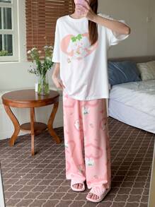 DAZY Cute Rabbit Printed Loose White Top & Pants Sleepwear Pajama Set - White - View 3