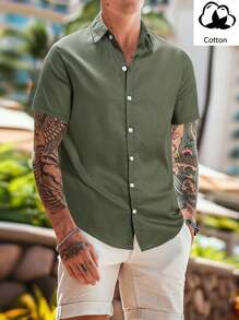 Manfinity Homme Men's Solid Color Short Sleeve Daily Commute Casual Shirt, Summer - Army Green - View 4