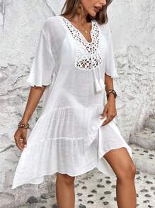 Chiquease Vestido de corte veraniego elegante y conciso para mujeres con corte, bordado y flecos en la cintura - Blanco - Ver 5