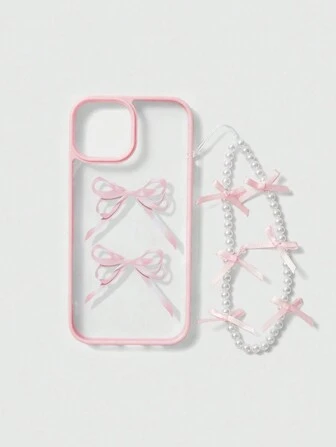 Kawaii Collier de perles pour fille douce avec nœud en ruban et pendentif papillon mignon, Étui de téléphone à cadre rose compatible avec les séries IPhone 12 13 14 et d'autres modèles