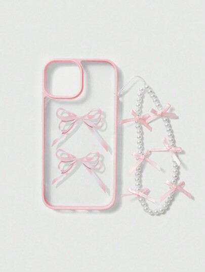 Kawaii Collier de perles pour fille douce avec nœud en ruban et pendentif papillon mignon, Étui de téléphone à cadre rose compatible avec les séries IPhone 12 13 14 et d'autres modèles
