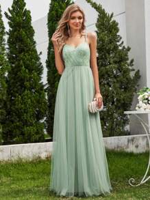 EVERPRETTY Sequin Contrast Mesh Backless Bridesmaid Dress - Mint Green - View 5
