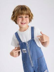 YOUNG BOY Casual Street Style Medium Blue Distressed Denim Overalls With Zipper Closure And Patch Decoration For Adjustment