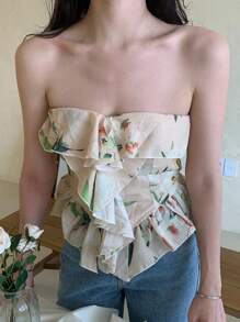 DAZY Top tubo elegante sin tirantes con volantes y estampado floral para mujer, conjunto de ropa de verano para crucero, blusas bohemias, tops cortos, blusas de salida para mujeres