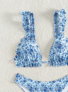 SHEIN Swim Women's Summer Beach Floral Ruffle Sexy Bikini Set, Random Print