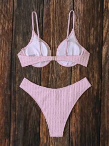 SHEIN Swim 女士純色性感比基尼套裝，夏季海灘泳裝 - 粉色 - 查看 7
