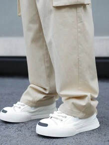 Manfinity Homme 返校节纯色抽绳休闲阔腿裤，带口袋 - 杏色 - 查看 8